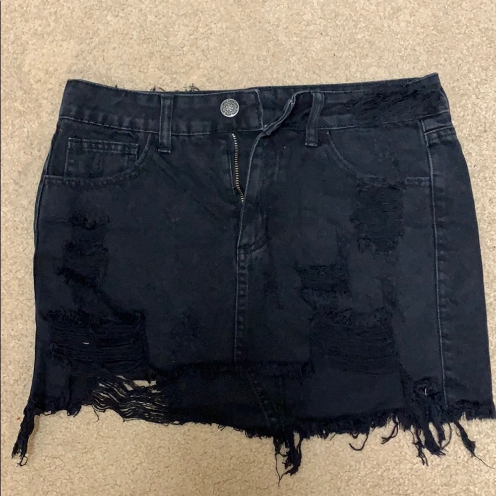 Black Distressed Denim Mini Skirt